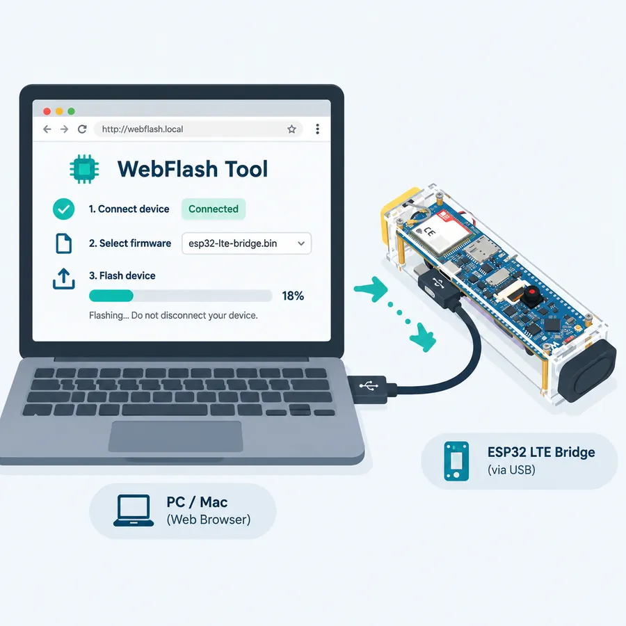Web-Flasher am Computer, LTE-Bridge per USB verbunden