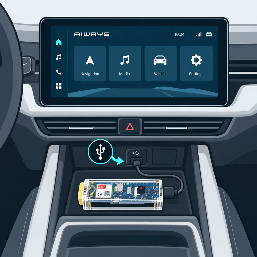 LTE-Bridge im Auto in der Mittelkonsole, per USB verbunden